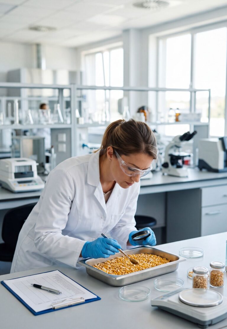 Technicien en laboratoire réalisant l'analyse qualité sur des échantillons de maïs transformé.