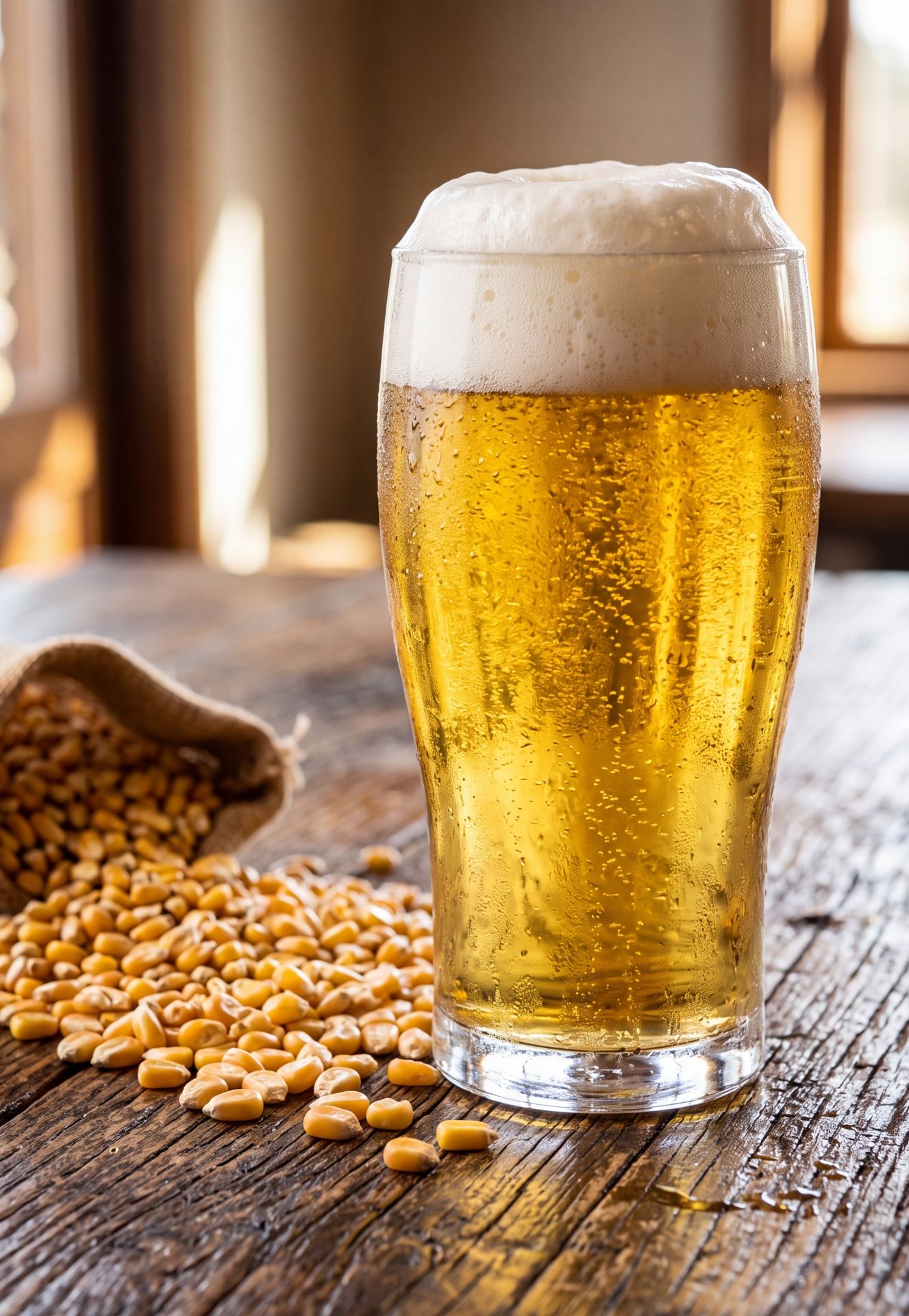 Verre de bière claire et brillante brassée avec du gritz de maïs.