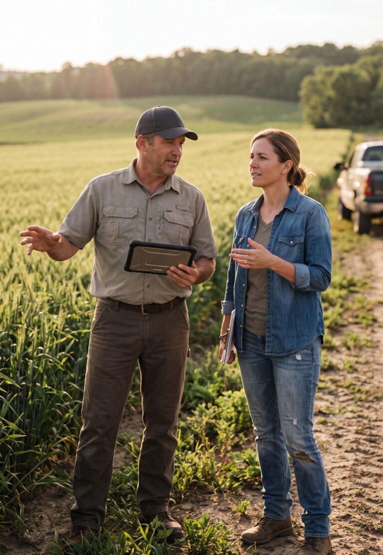 Conseiller agro-industriel échangeant avec un partenaire agricole sur le terrain.