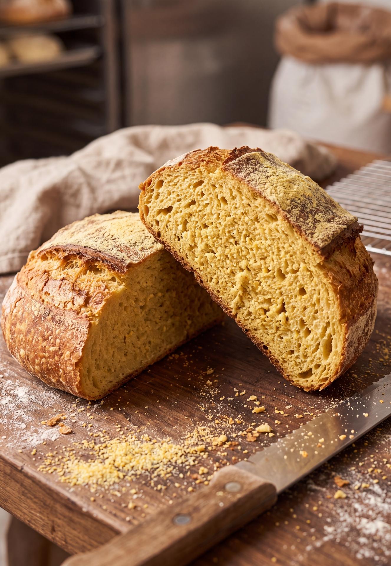 Pain au maïs doré et farine de maïs sur le plan de travail d'un boulanger.