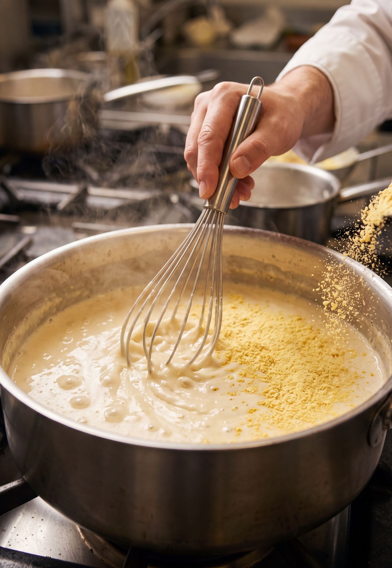 Incorporation de farine de maïs fine dans la préparation d'une sauce industrielle liante.