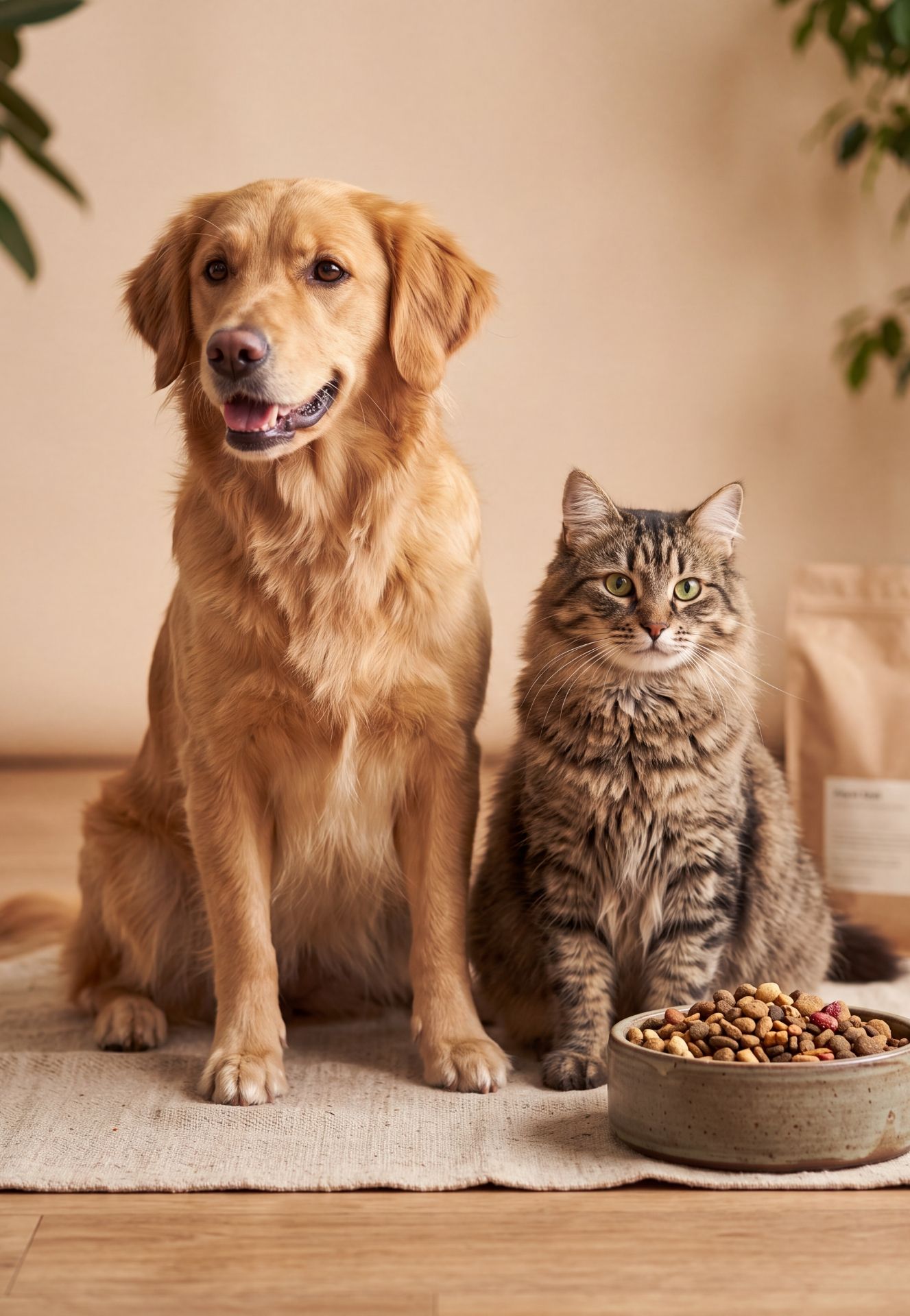 Chien et chat à côté de croquettes fabriquées avec la farine de maïs Lacadée.