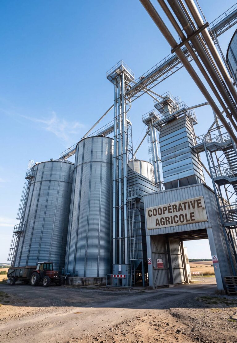 Silos industriels de séchage et stockage des grains de maïs sous un ciel bleu.