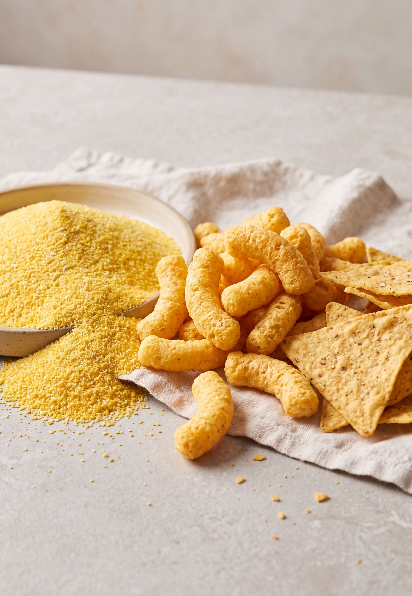 Semoule de maïs et biscuits apéritifs extrudés pour les fabricants de snacks.